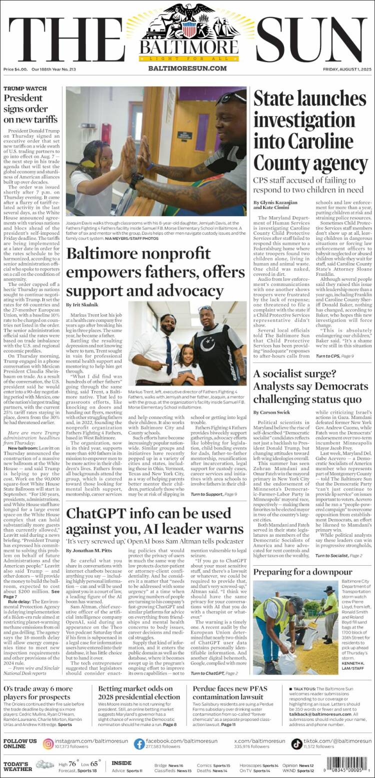 Portada de The Baltimore Sun (USA)