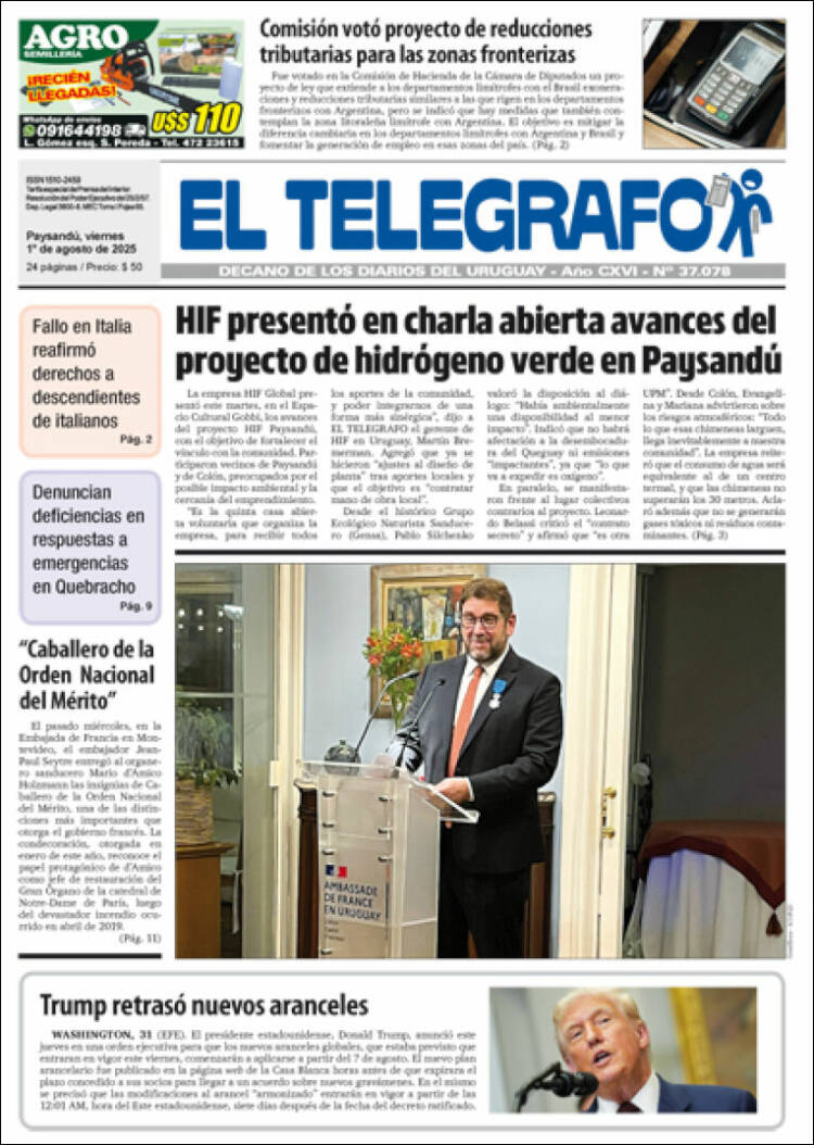 Portada de El Telégrafo (Uruguay)