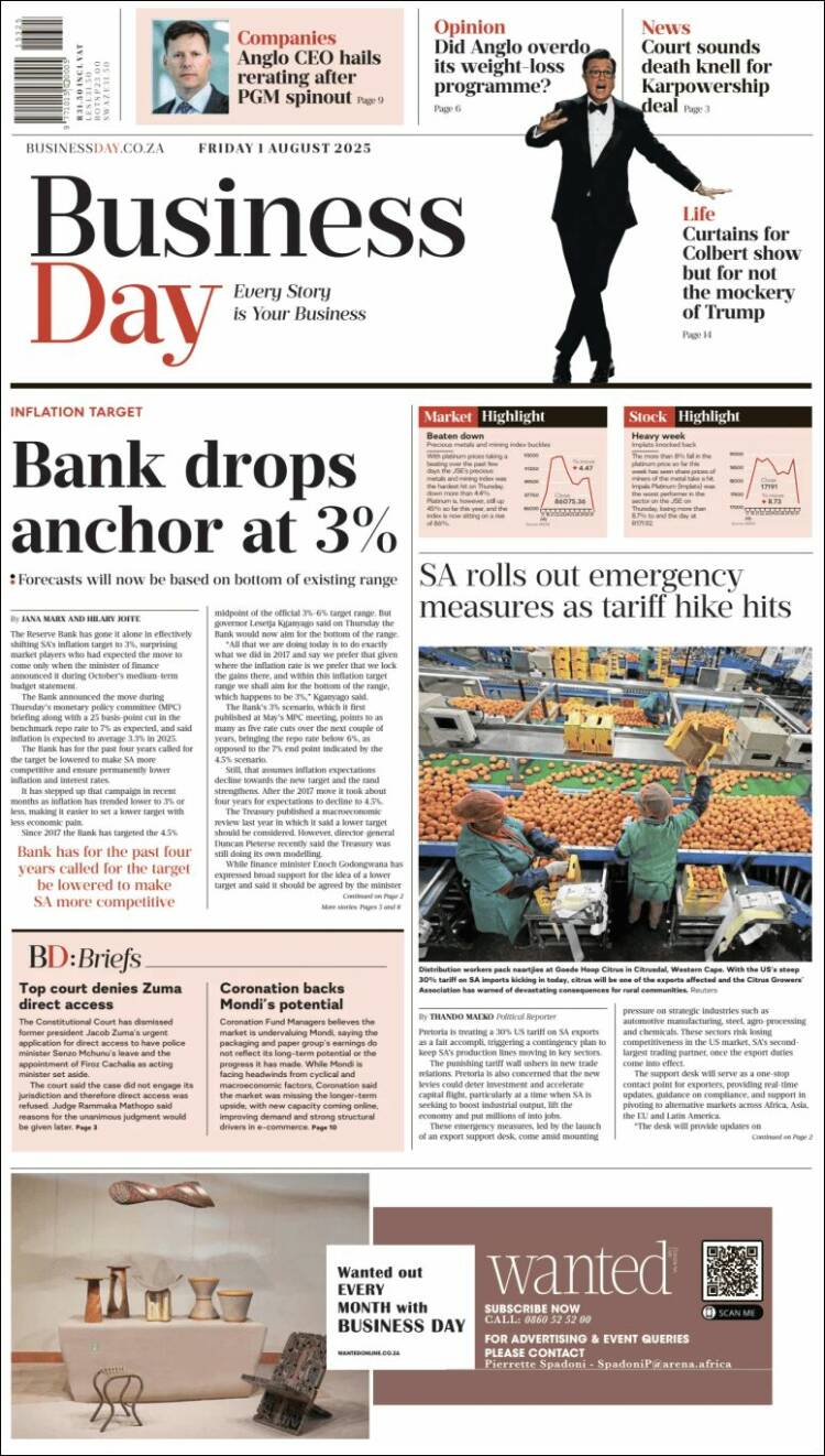 Portada de Business Day (Afrique du Sud)