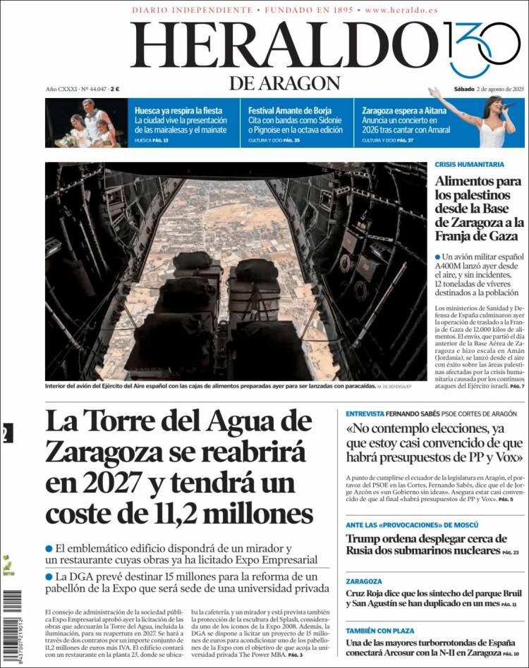 Portada de Heraldo de Aragón (España)