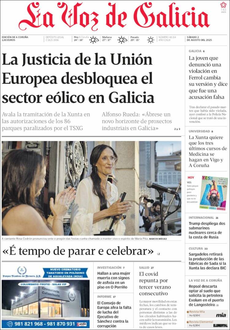 Portada de La Voz de Galicia (España)