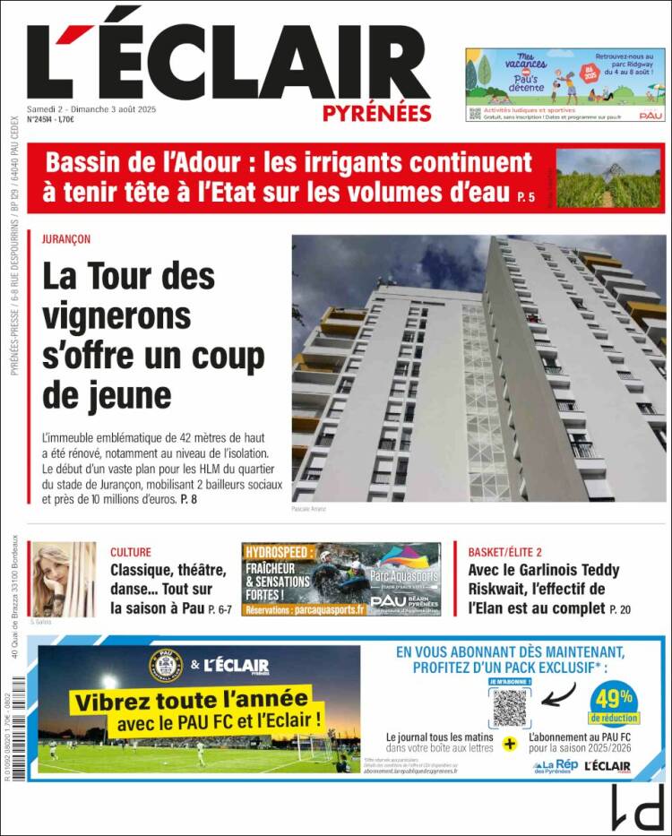 Portada de L'Eclair des Pyrénées (Francia)