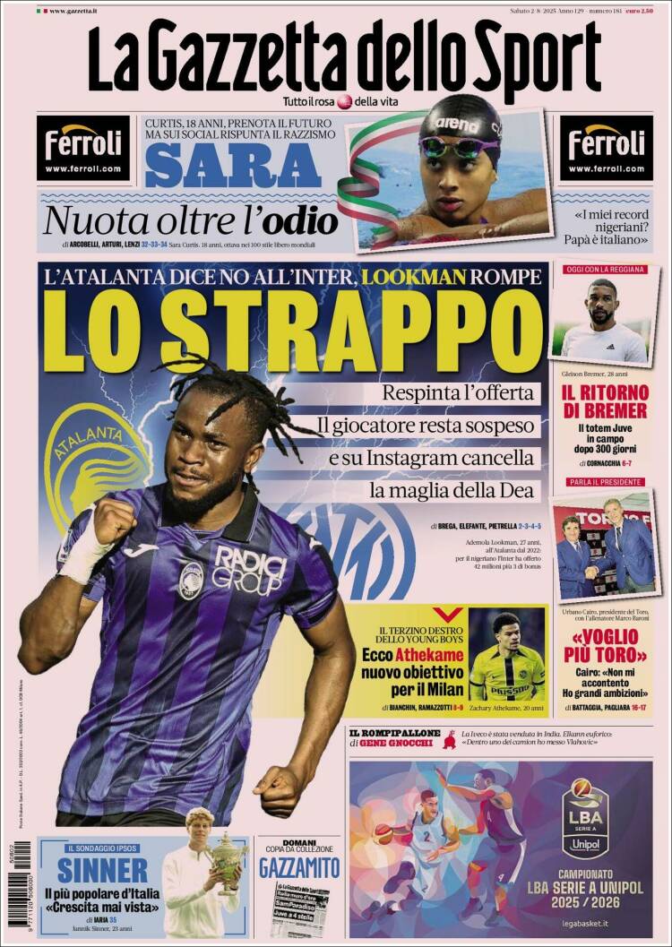 Portada de La Gazzetta dello Sport (Italia)