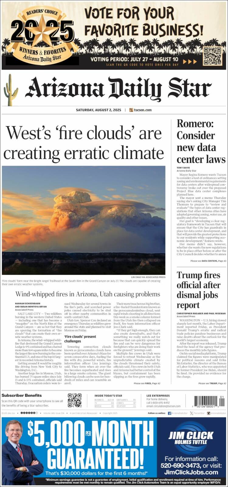 Portada de Arizona Daily Star (USA)
