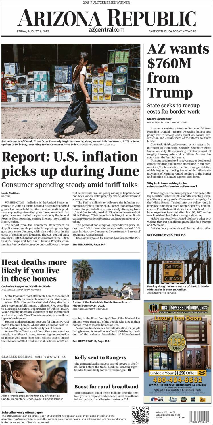 Portada de Arizona Republic News (USA)