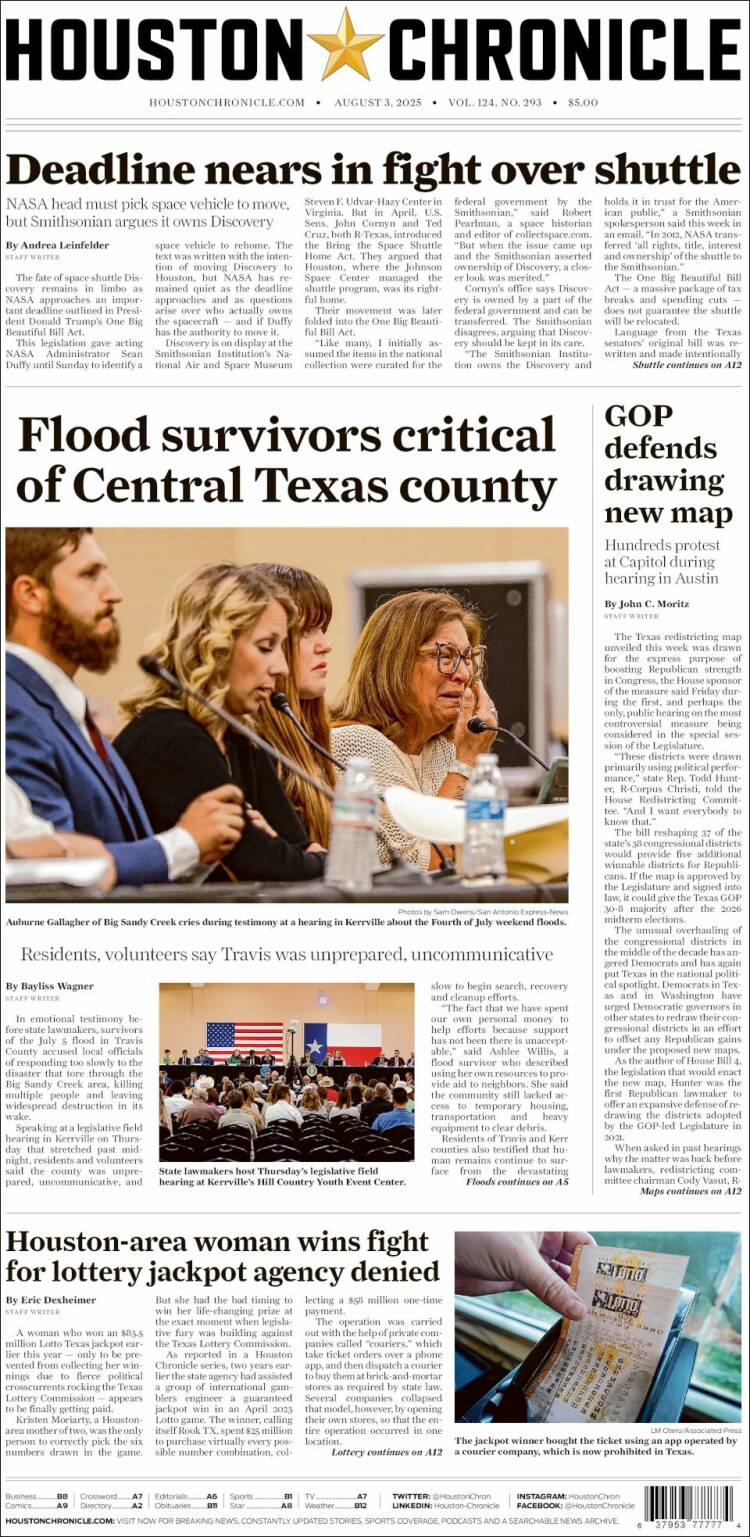 Portada de Houston Chronicle (USA)
