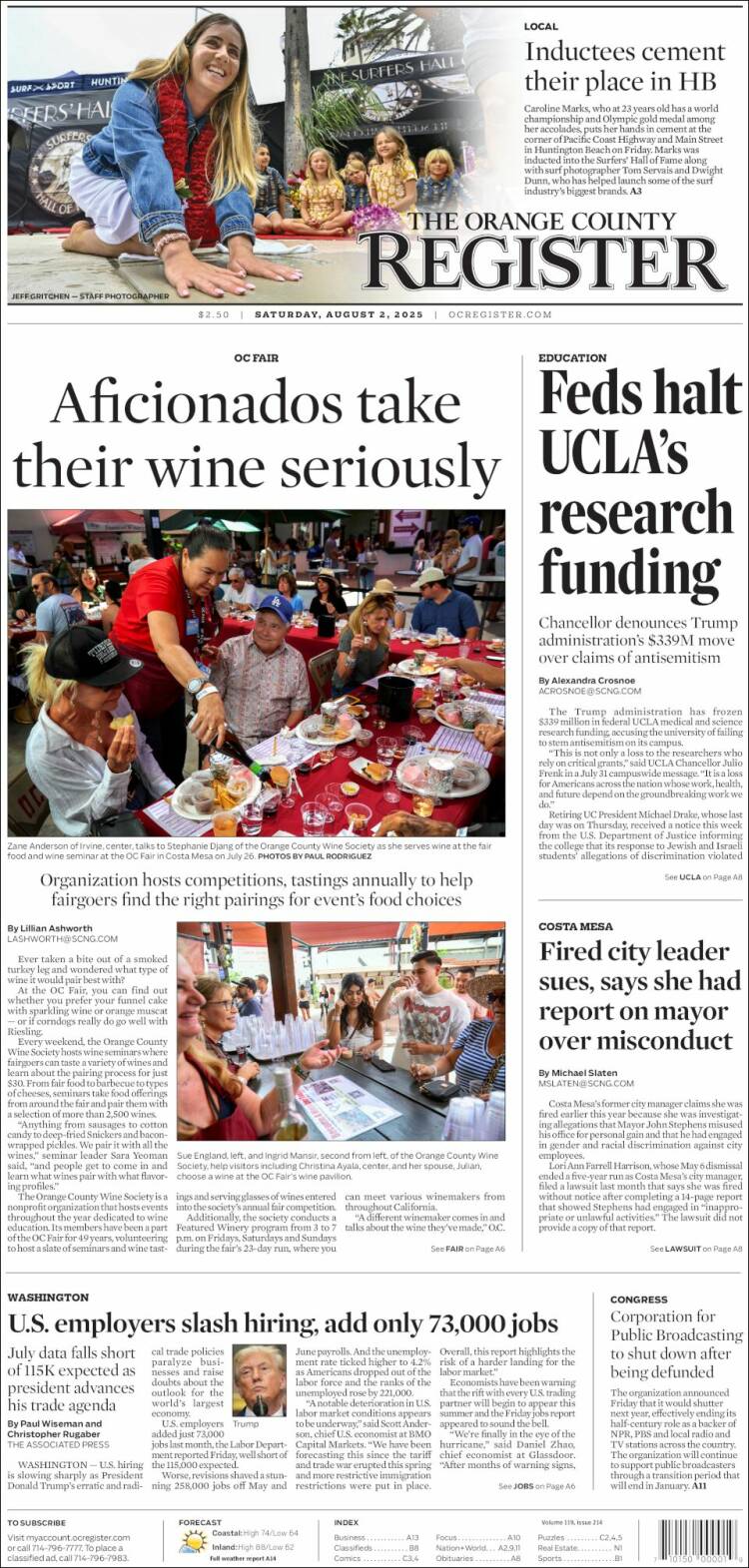 Portada de The Orange County Register (États-Unis)