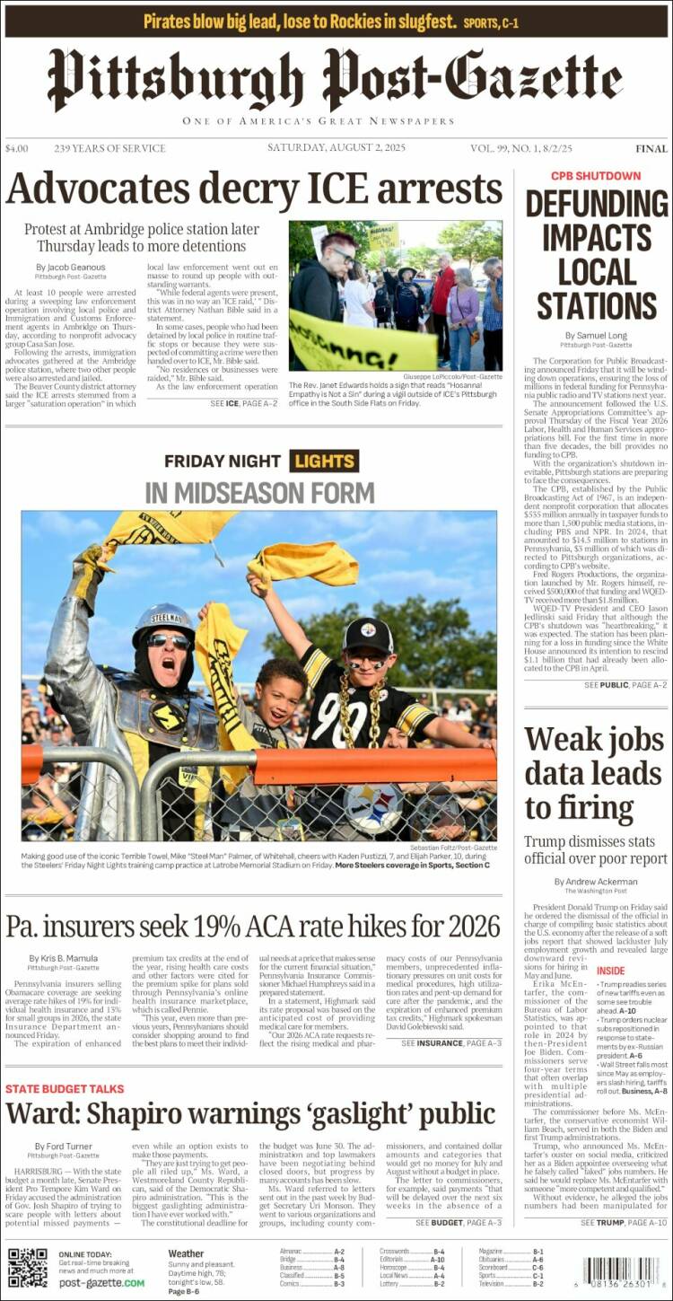 Portada de Pittsburgh Post-Gazette (USA)