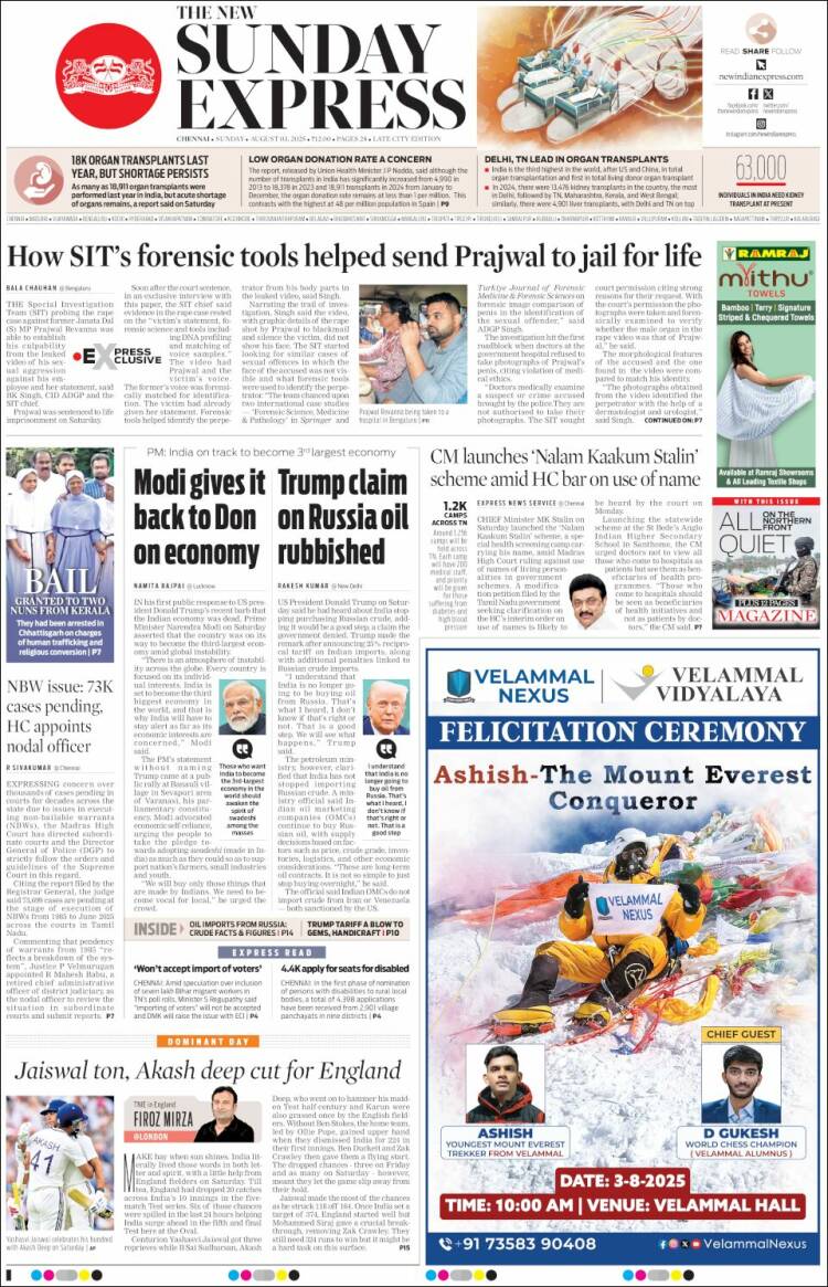 Portada de New Indian Express (India)