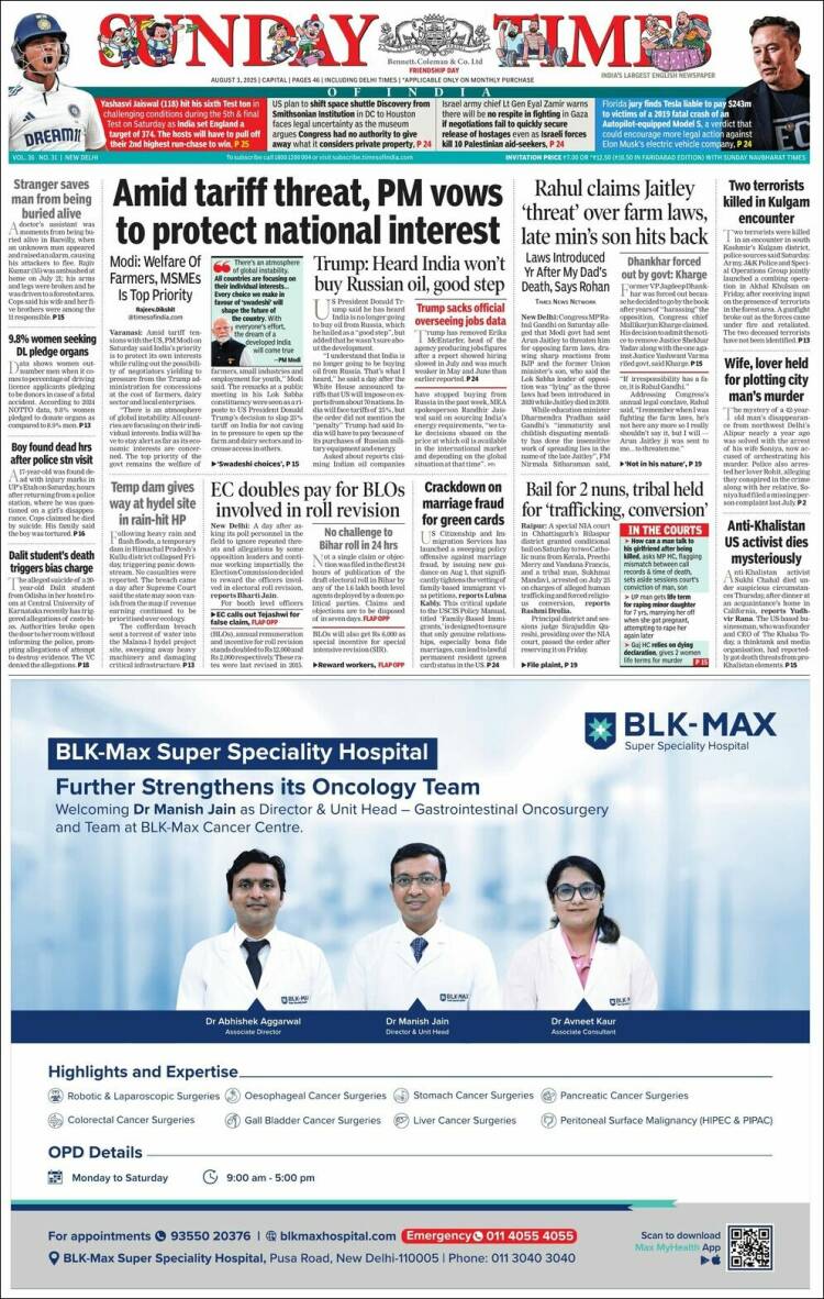 Portada de The Times of India (India)