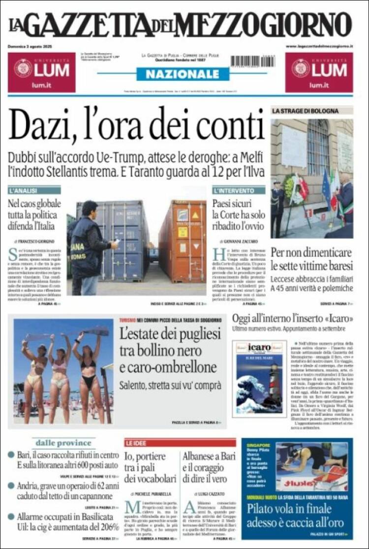 Portada de La Gazzetta del Mezzogiorno (Italia)