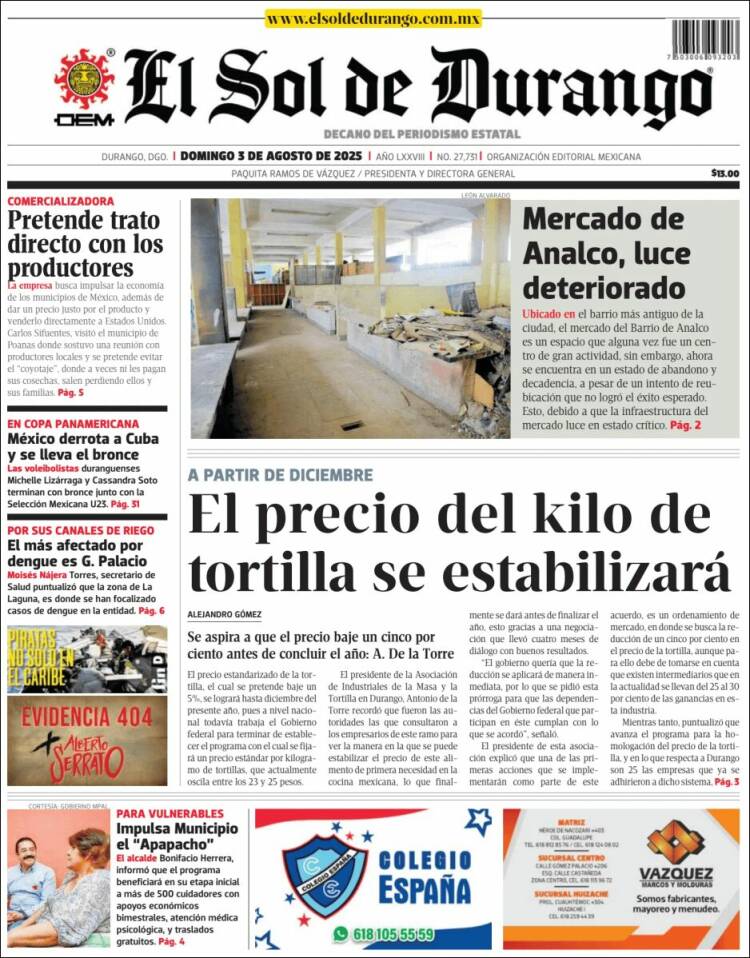 Portada de El Sol de Durango (México)