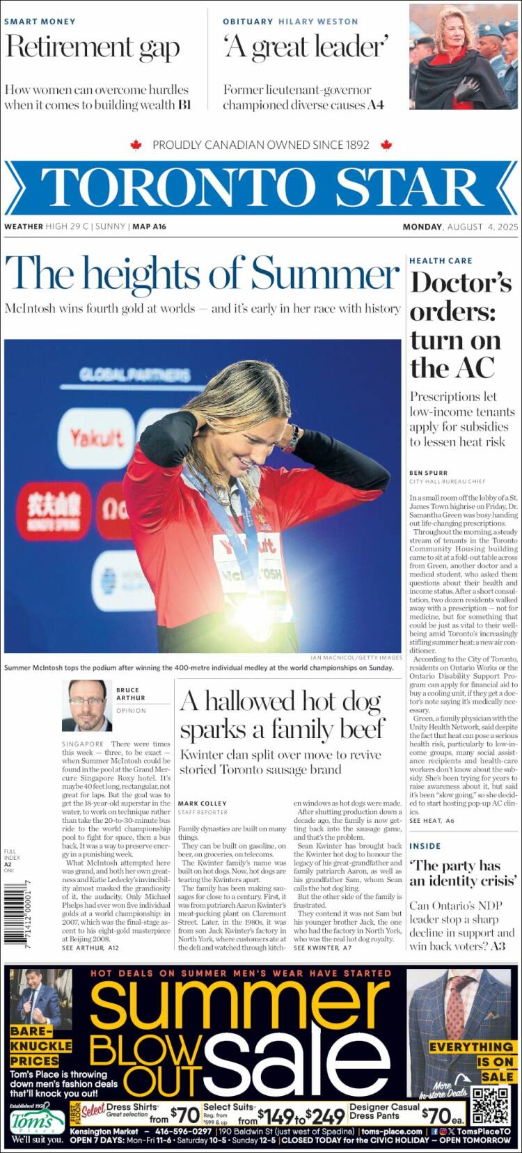 Portada de The Toronto Star (Canada)