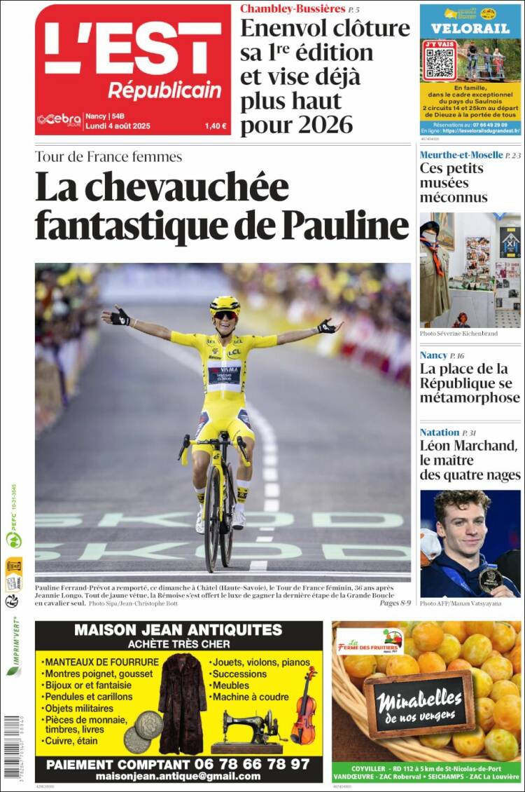 Portada de L'Est Republicain (Francia)