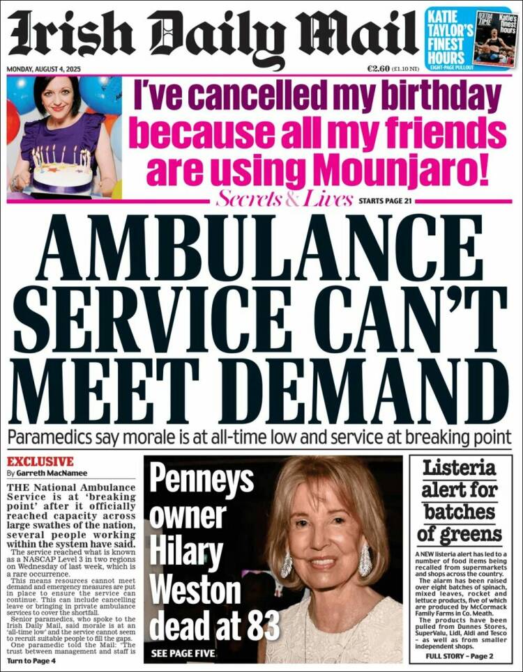 Portada de Irish Daily Mail (Irlande)