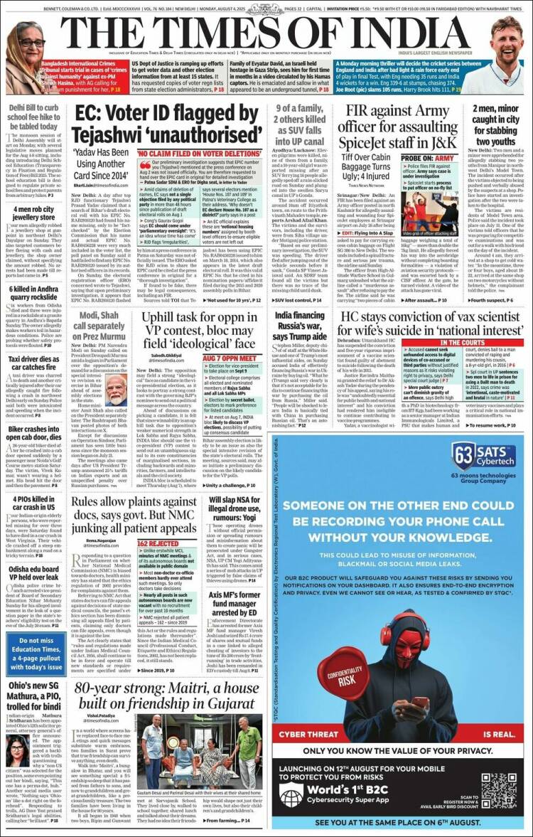 Portada de The Times of India (India)