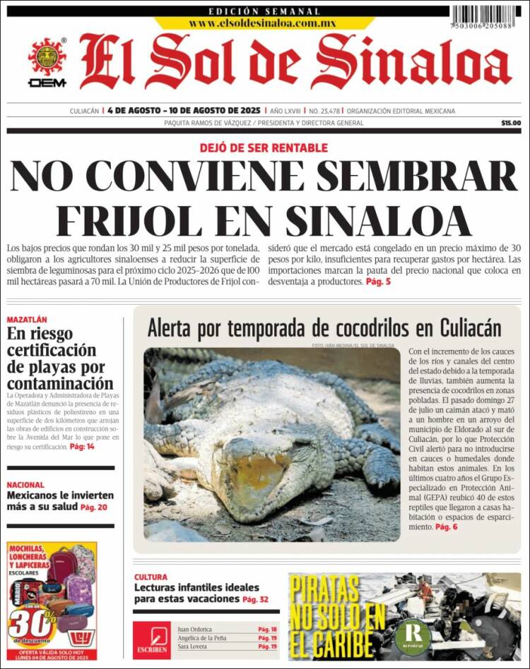Portada de El Sol de Sinaloa (México)