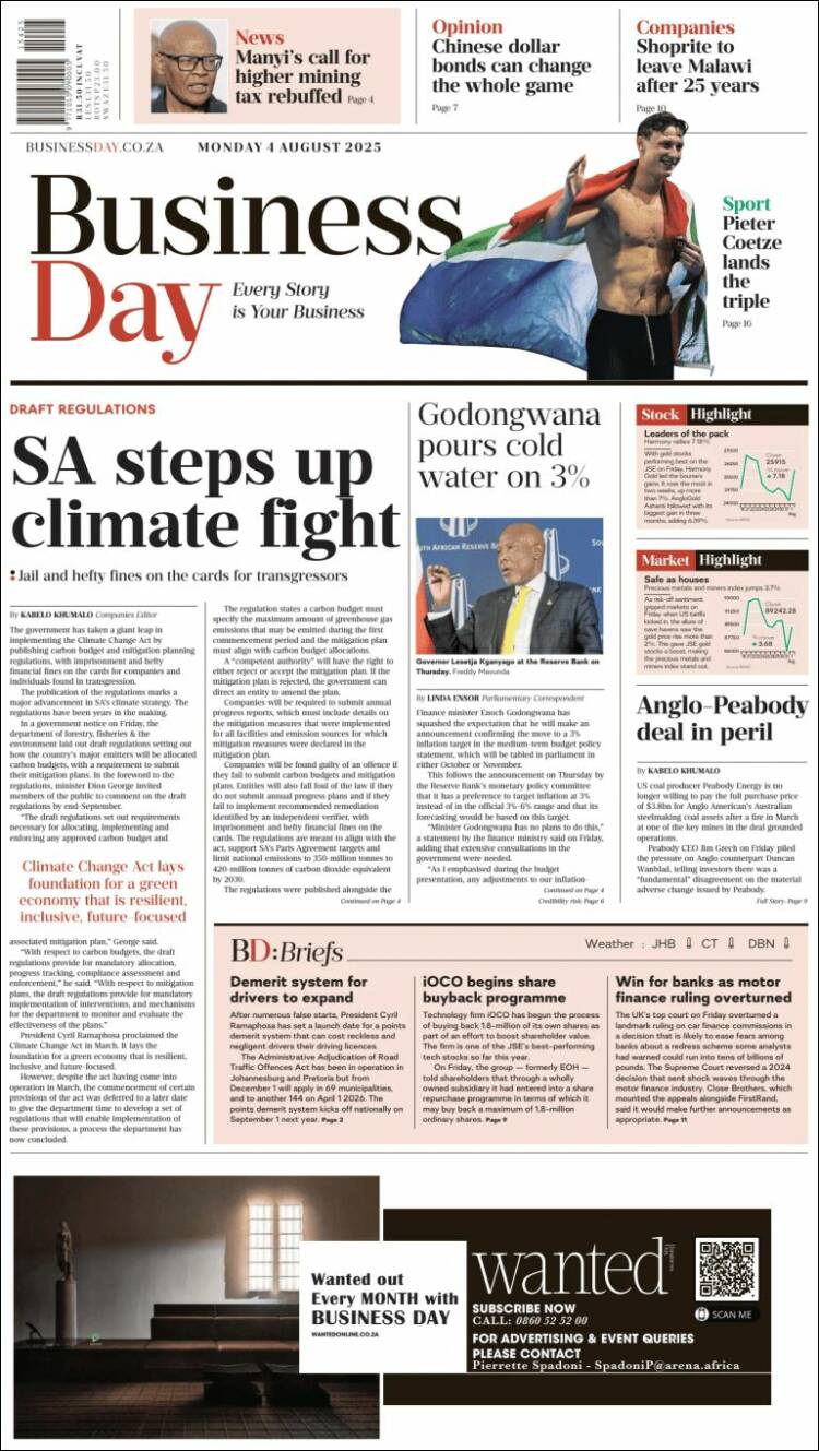Portada de Business Day (Sudáfrica)