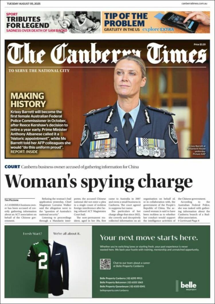 Portada de The Canberra Times (Australia)