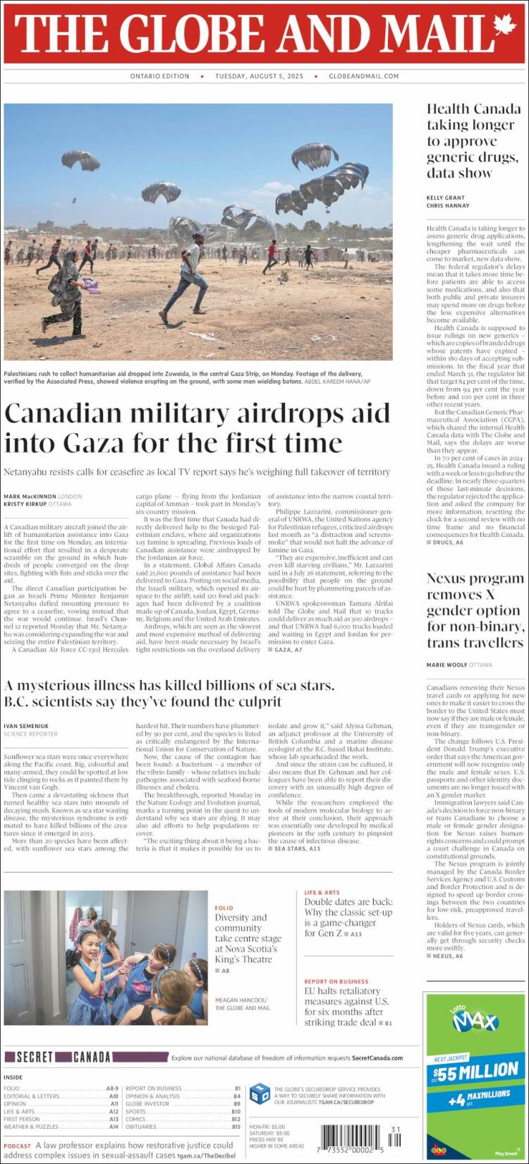 Portada de The Globe and Mail (Canadá)