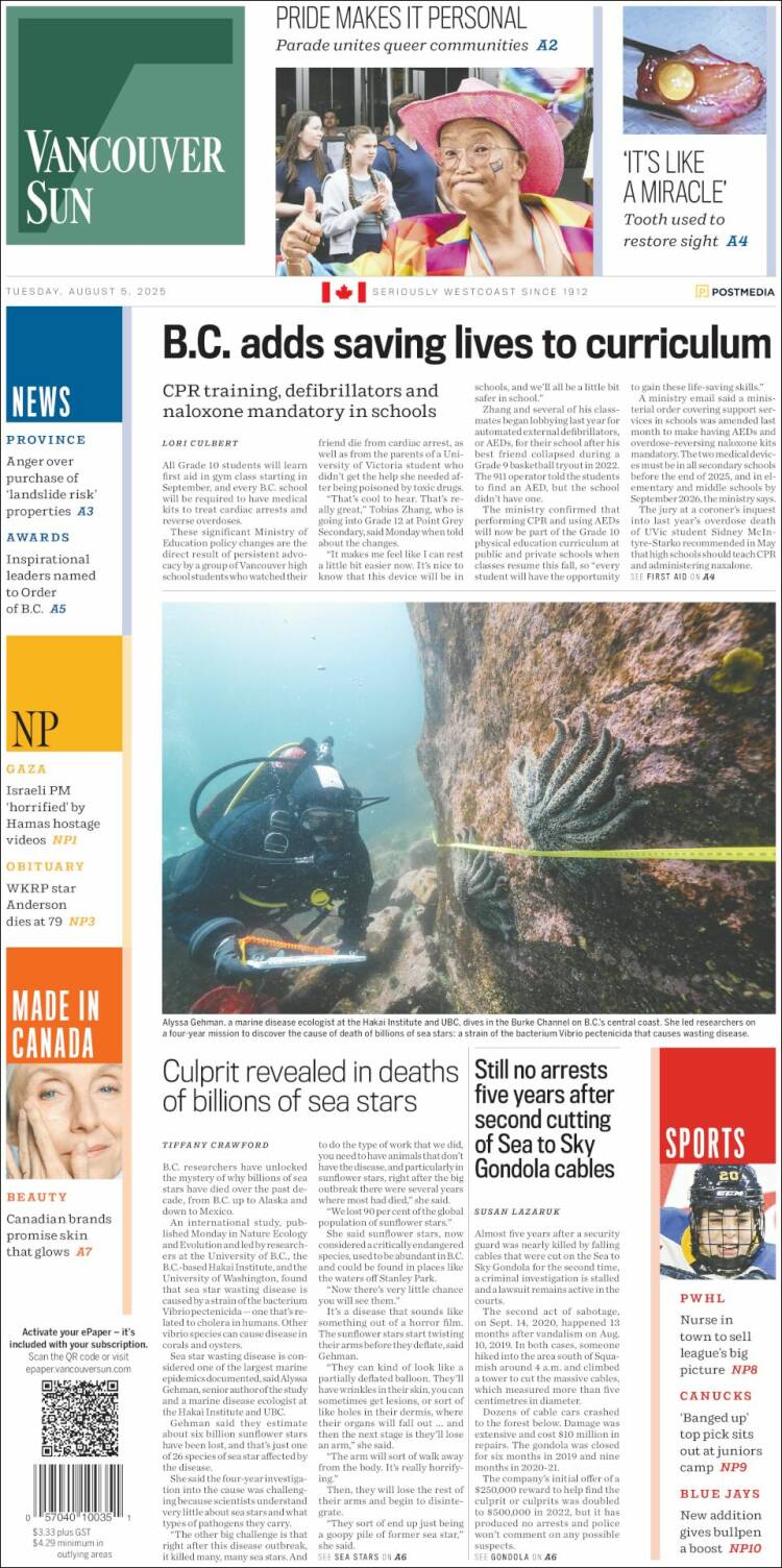 Portada de The Vancouver Sun (Canada)