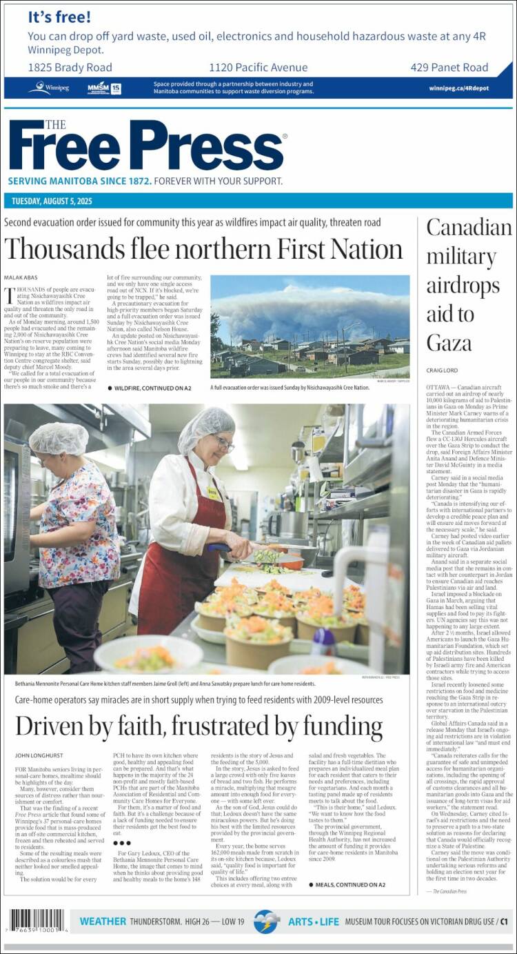 Portada de Winnipeg Free Press (Canada)