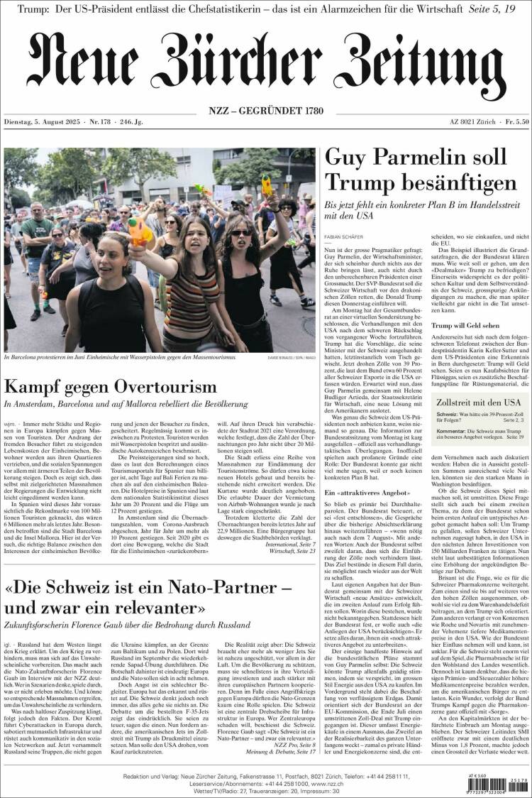 Portada de Neue Zürcher Zeitung (Suiza)