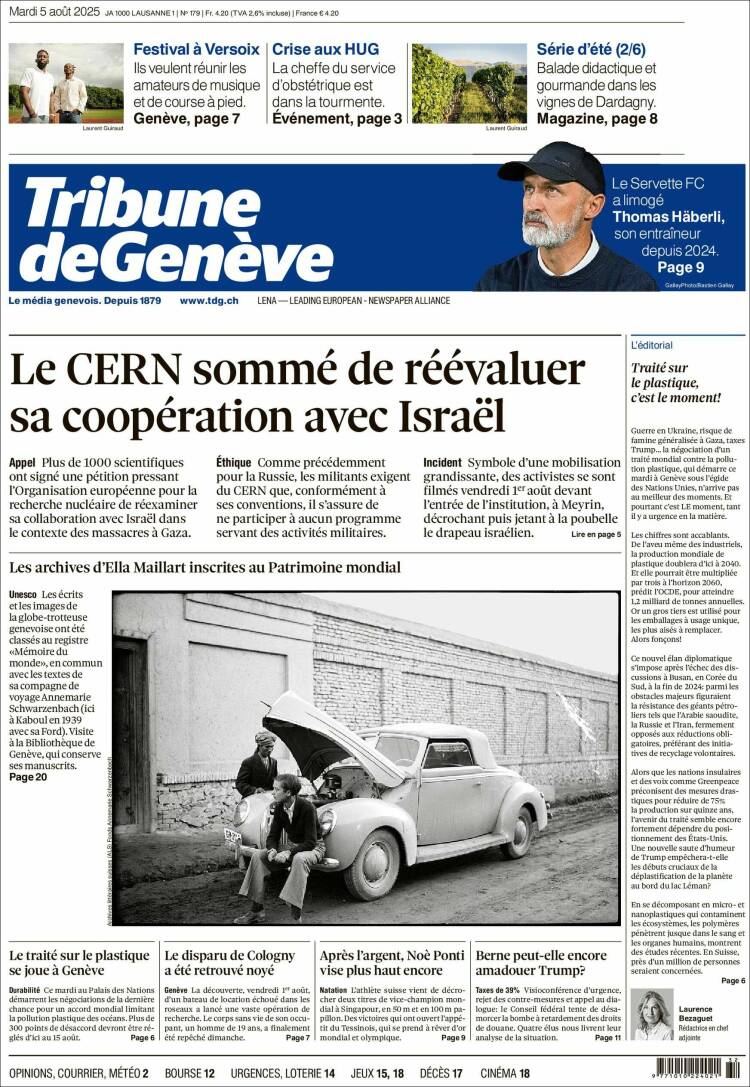 Portada de La Tribune de Genève (Suiza)