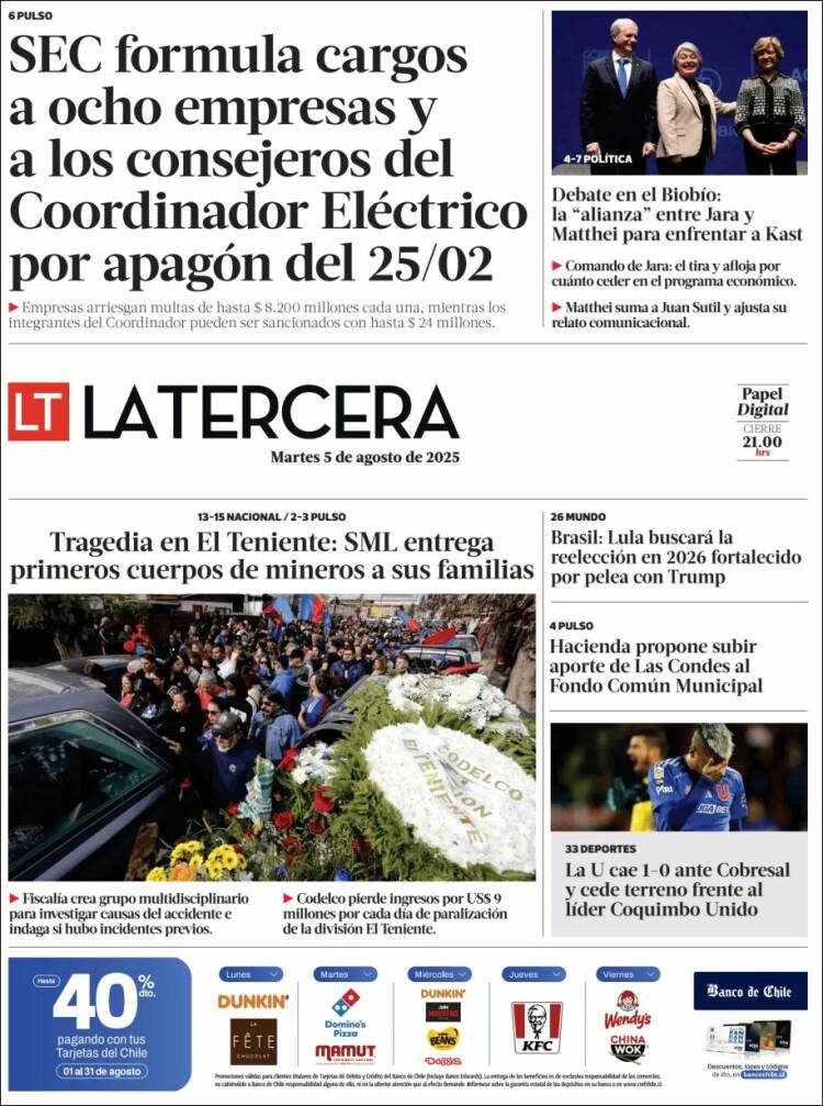 Portada de La Tercera (Chili)