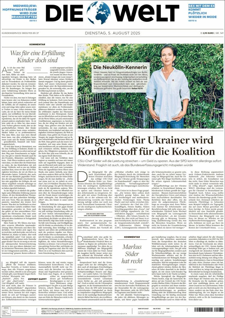 Portada de Die Welt (Germany)