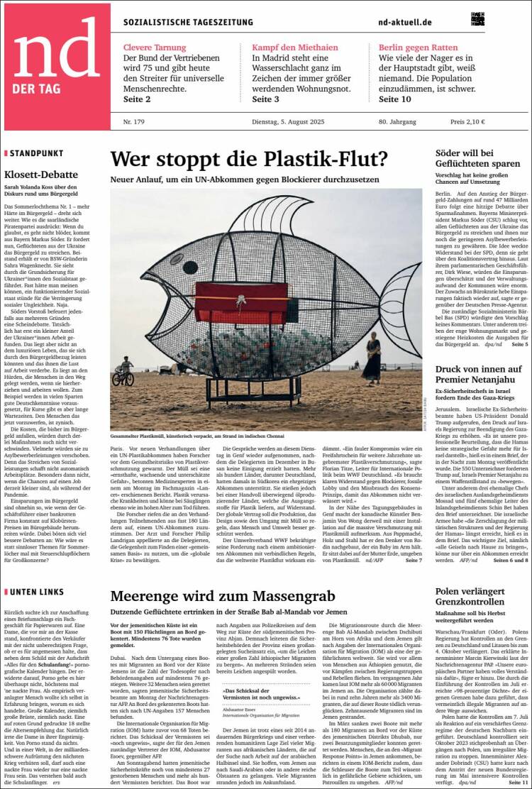 Portada de Neues Deutschland (Alemania)
