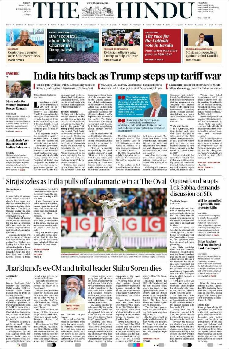 Portada de The Hindu (India)