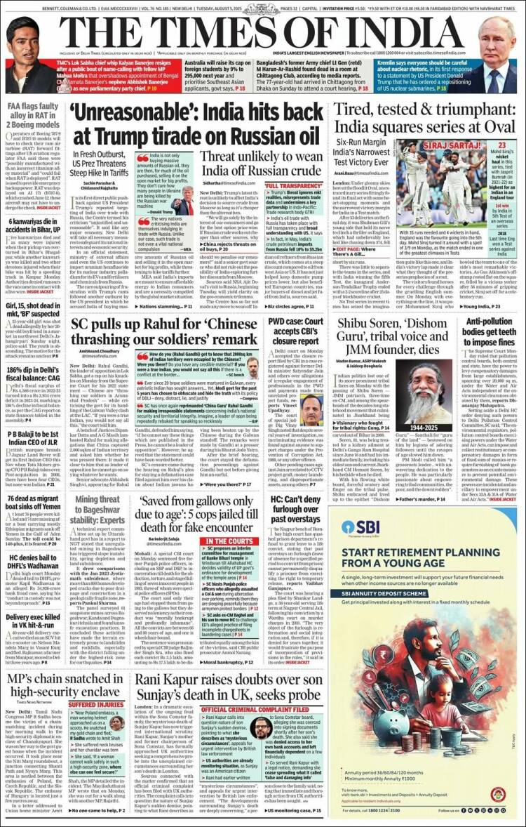 Portada de The Times of India (India)