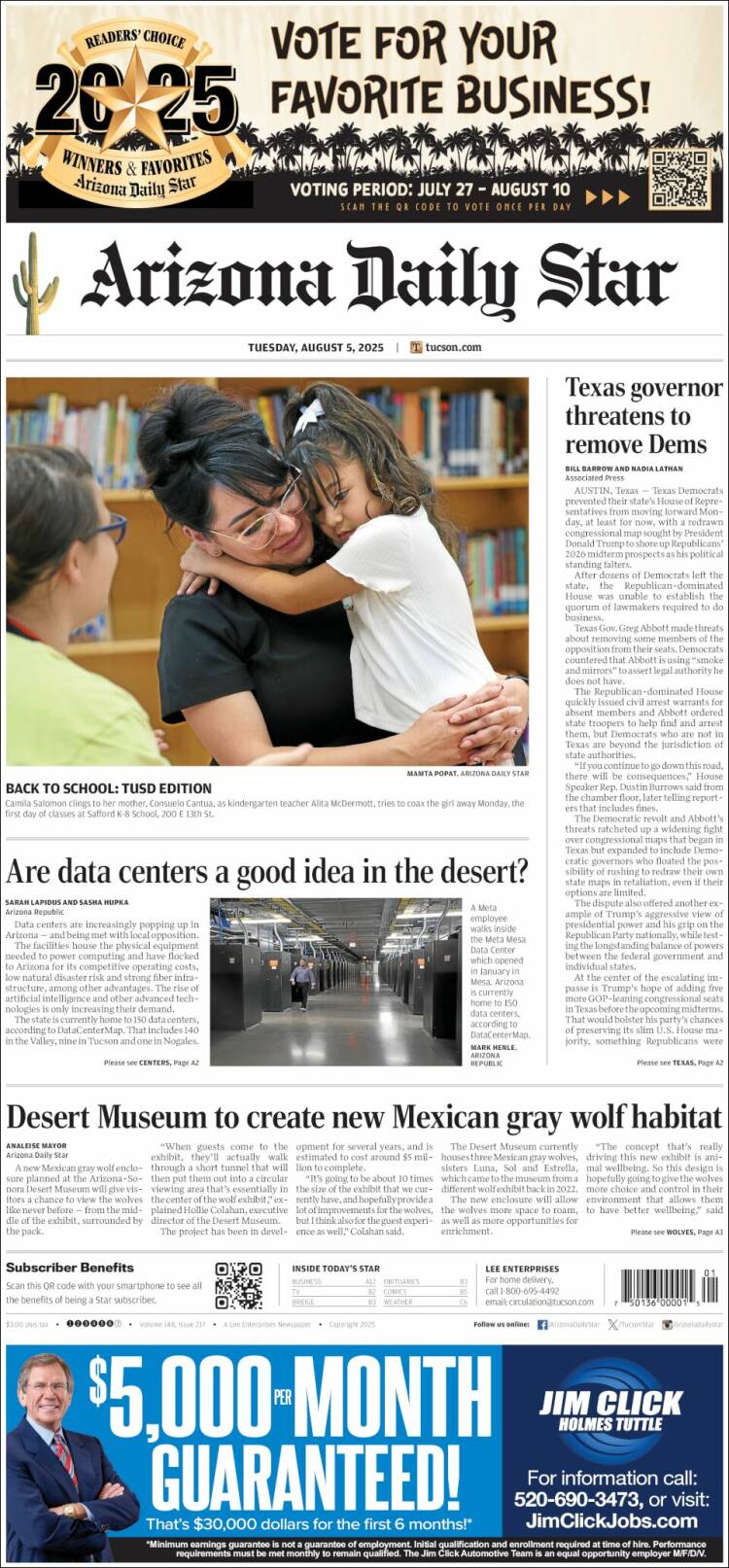 Portada de Arizona Daily Star (USA)