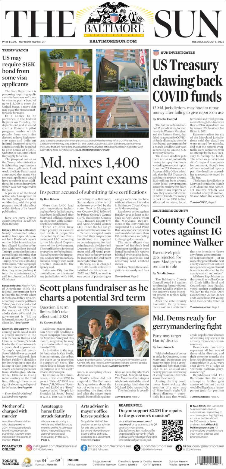 Portada de The Baltimore Sun (États-Unis)