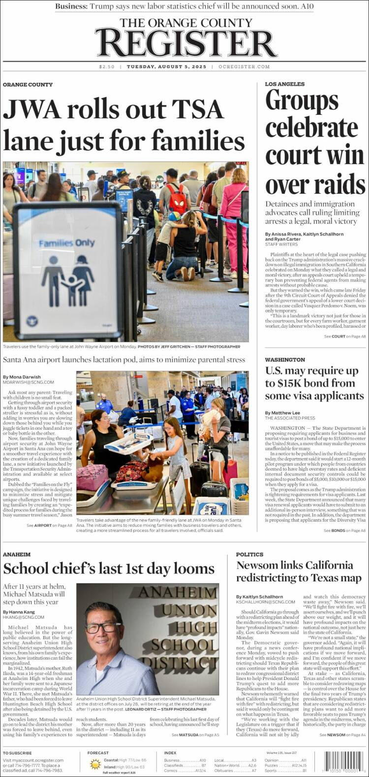 Portada de The Orange County Register (USA)