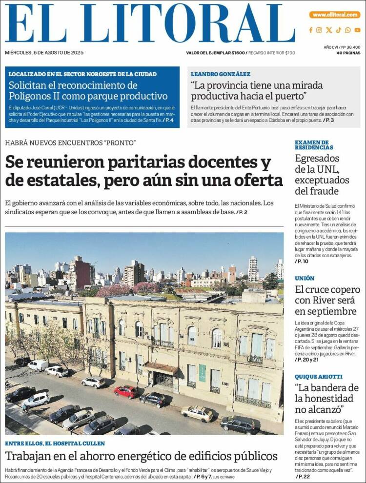 Portada de Diario El Litoral (Argentina)
