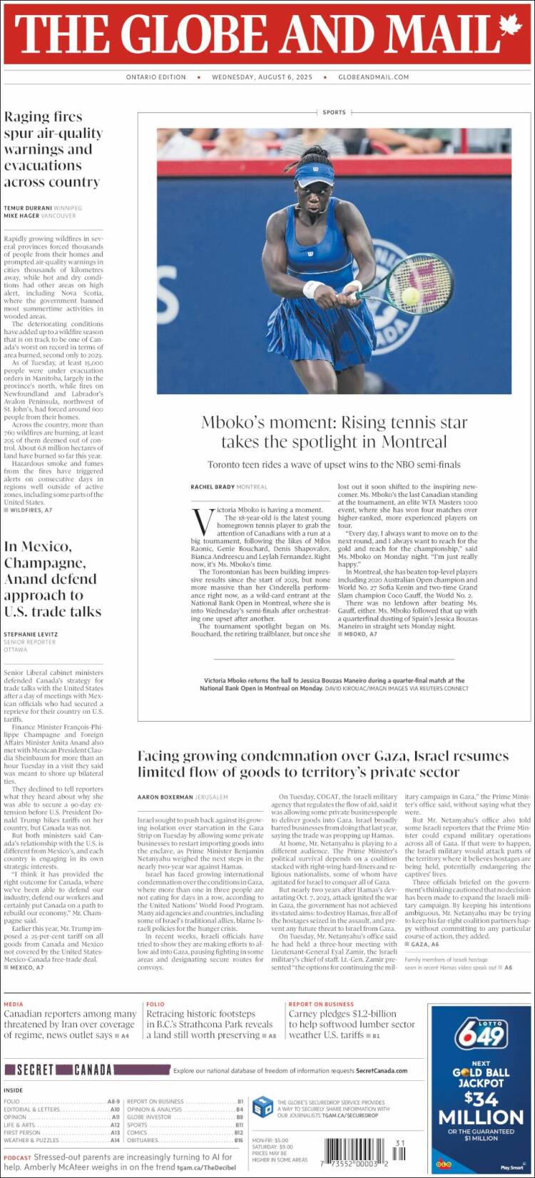 Portada de The Globe and Mail (Canadá)