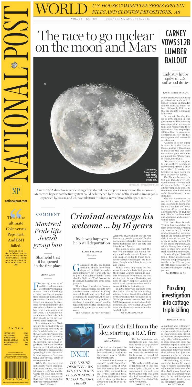 Portada de The National Post (Canadá)