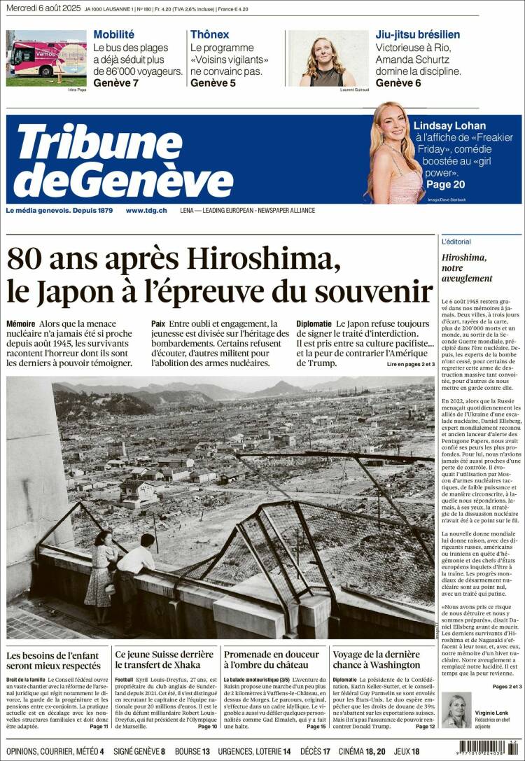 Portada de La Tribune de Genève (Suiza)
