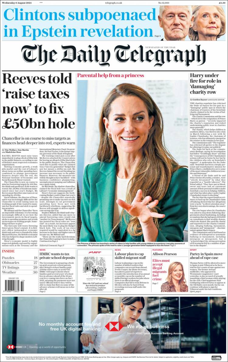 Portada de Daily Telegraph (Reino Unido)