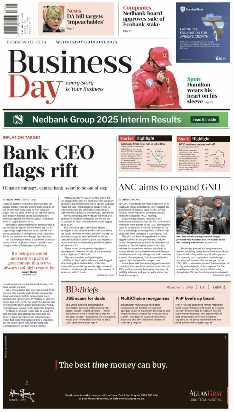 Portada de Business Day (Afrique du Sud)