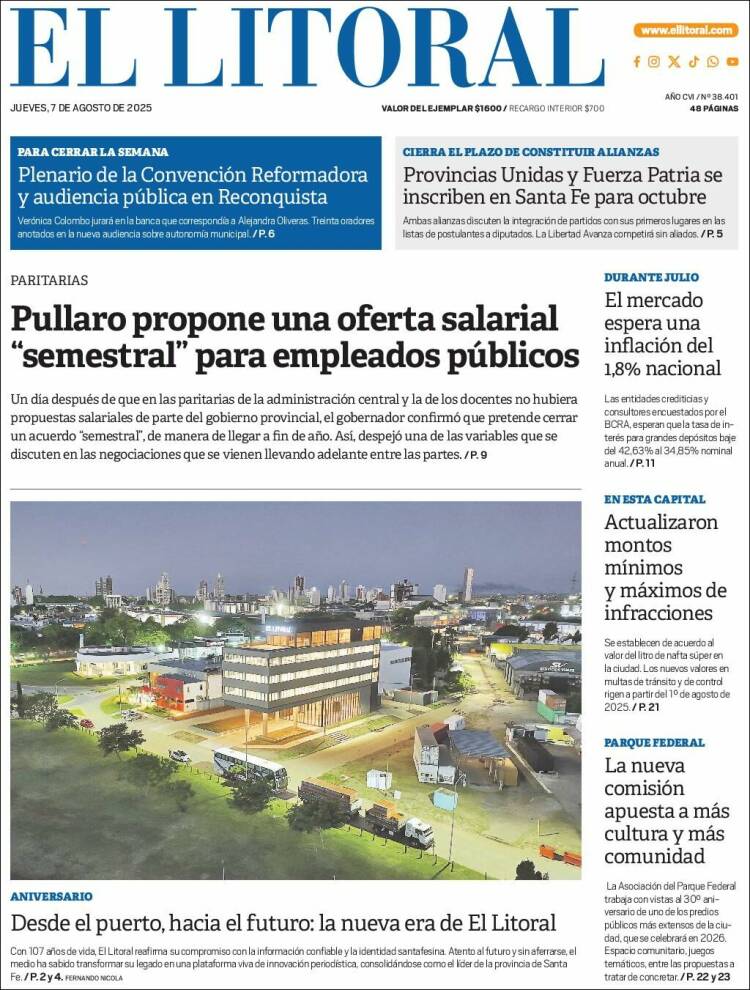 Portada de Diario El Litoral (Argentina)