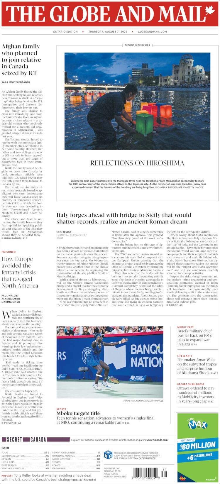 Portada de The Globe and Mail (Canada)