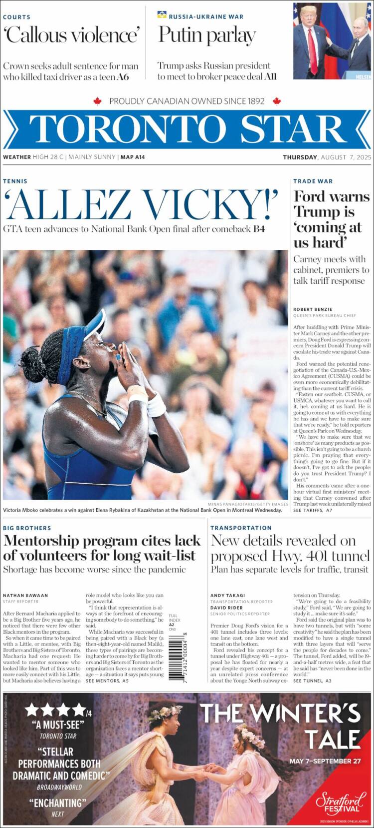 Portada de The Toronto Star (Canadá)
