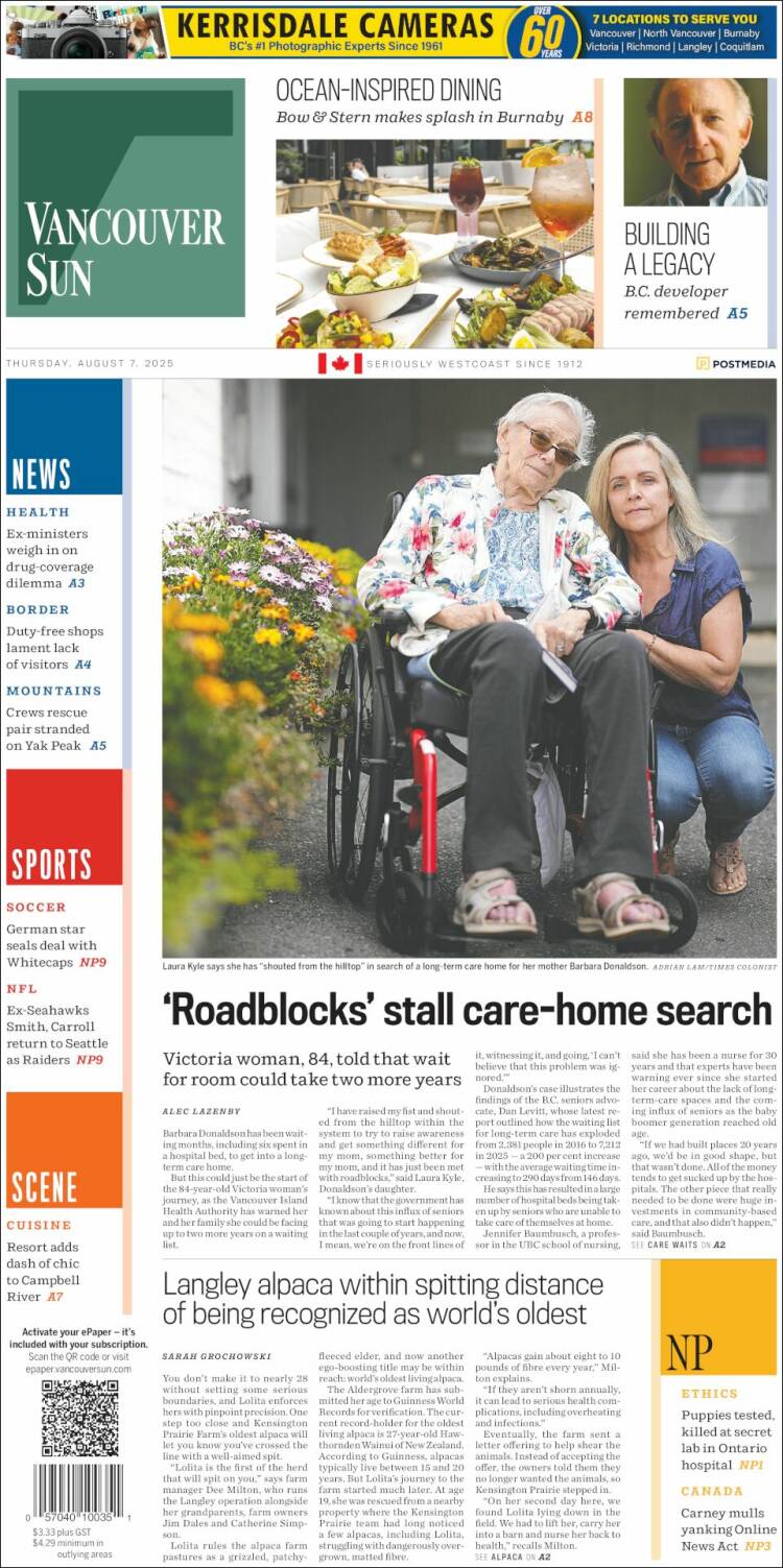 Portada de The Vancouver Sun (Canada)