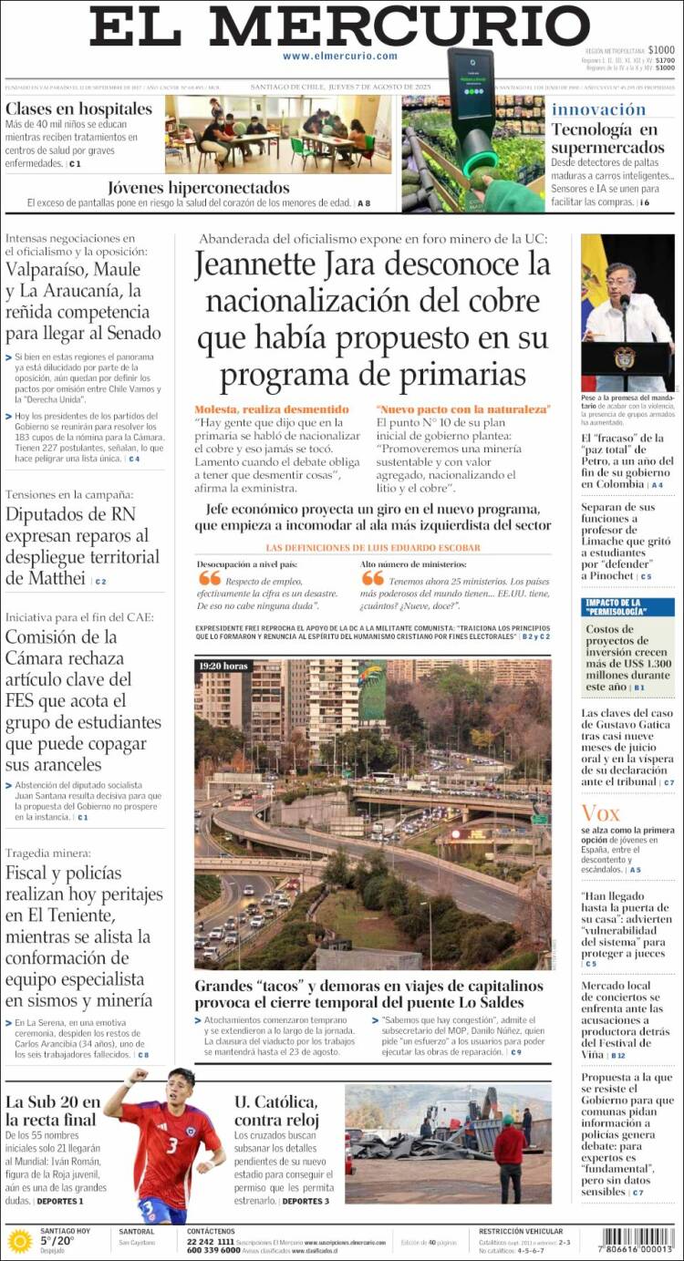 Portada de El Mercurio (Chile)