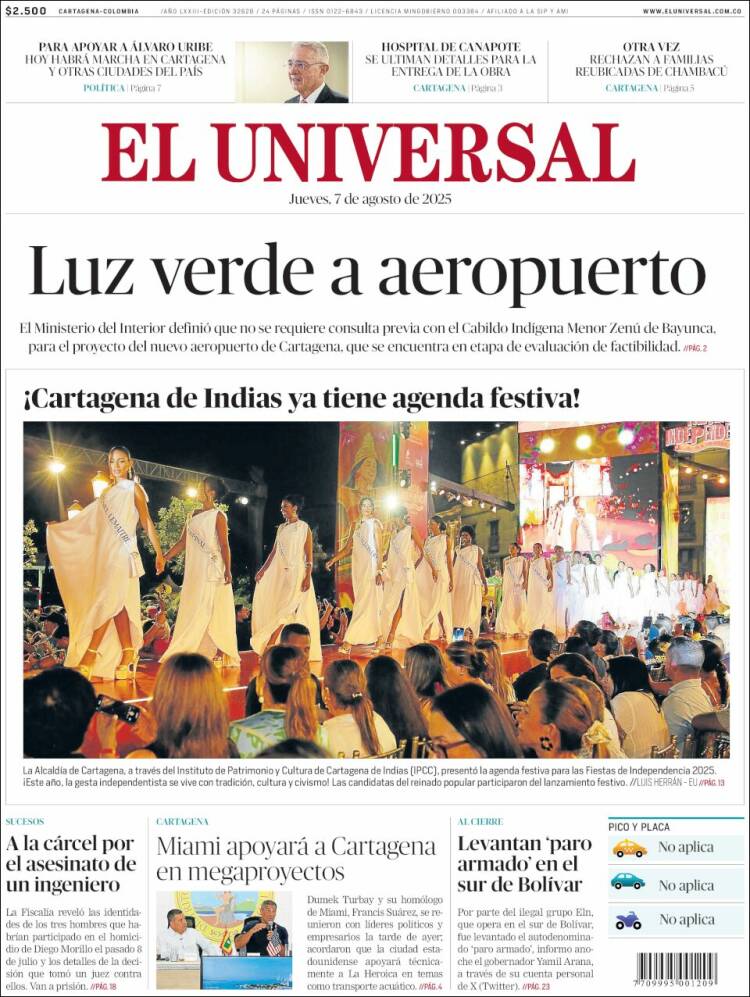 Portada de El Universal (Colombia)