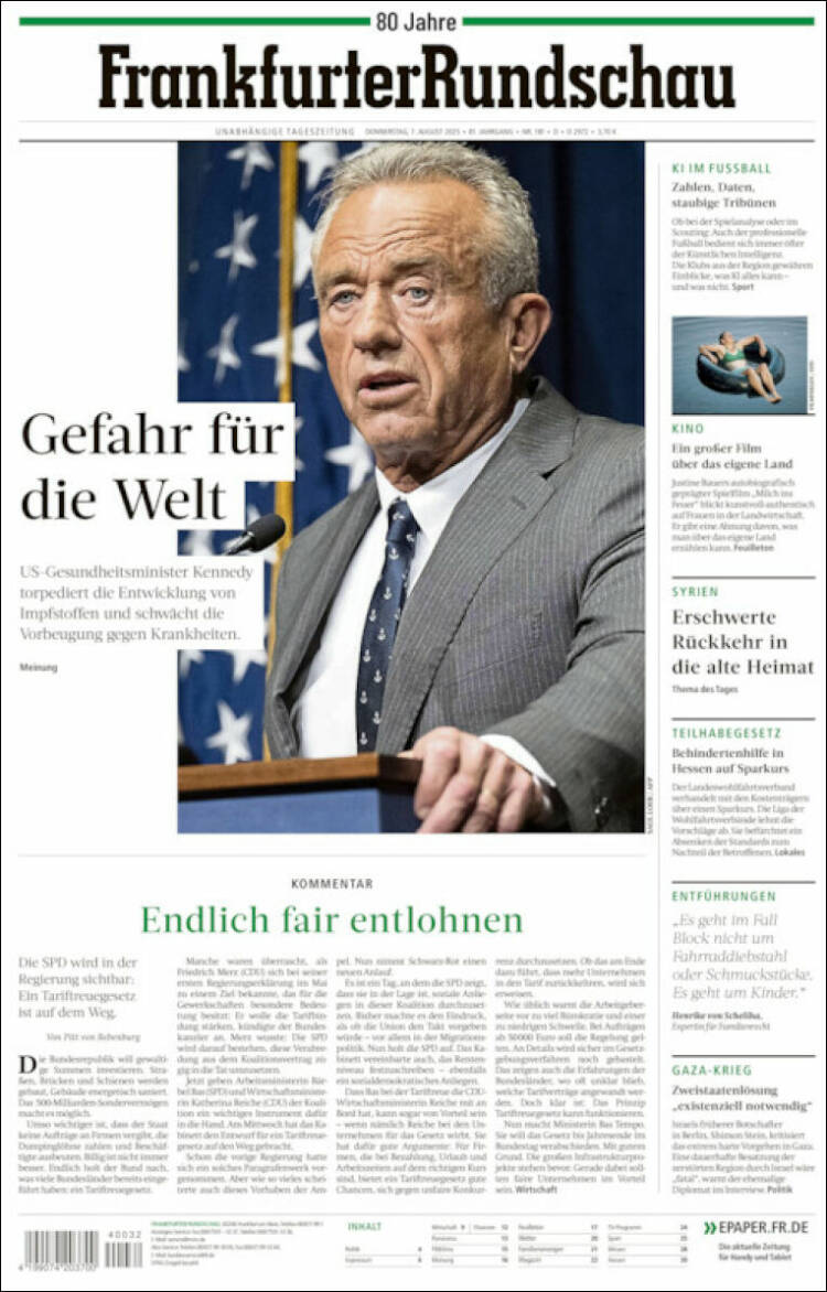 Portada de Frankfurter Rundschau (Alemania)
