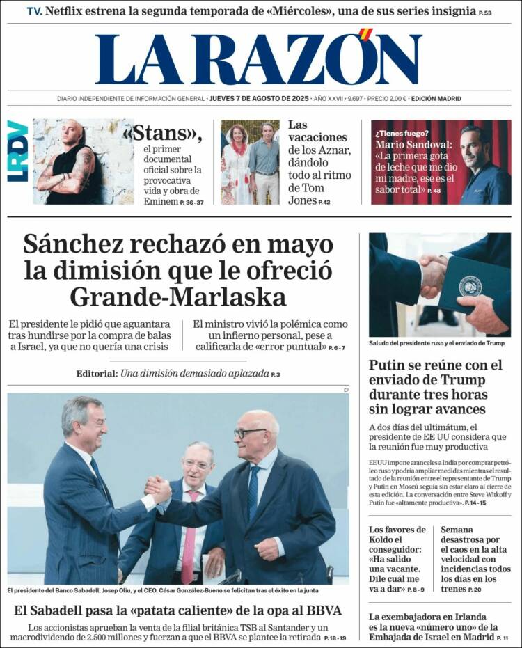 Portada de La Razón (España)